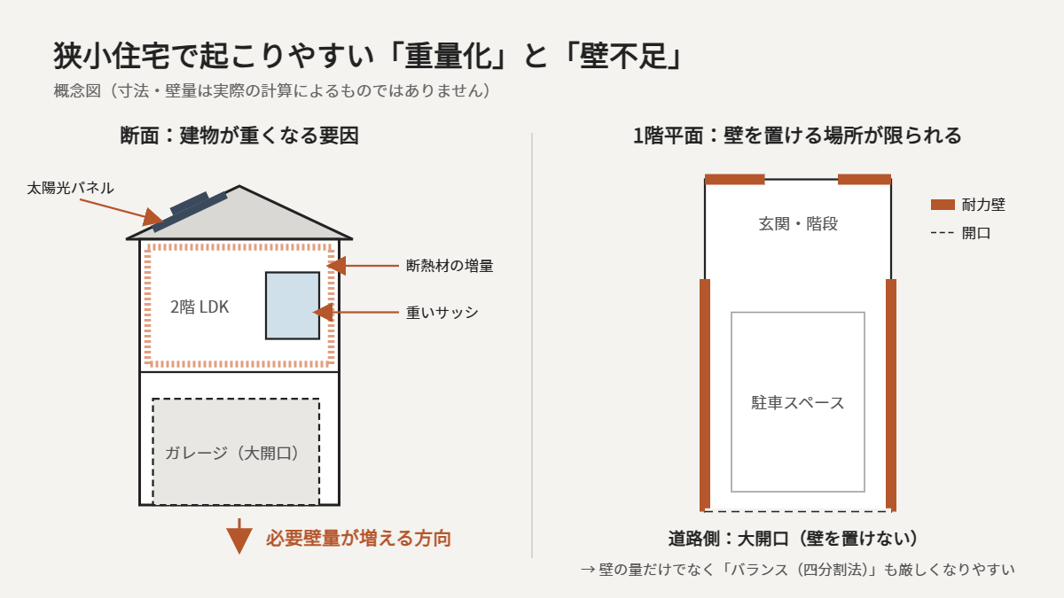 狭小住宅で起こりやすい重量化と壁不足の概念図