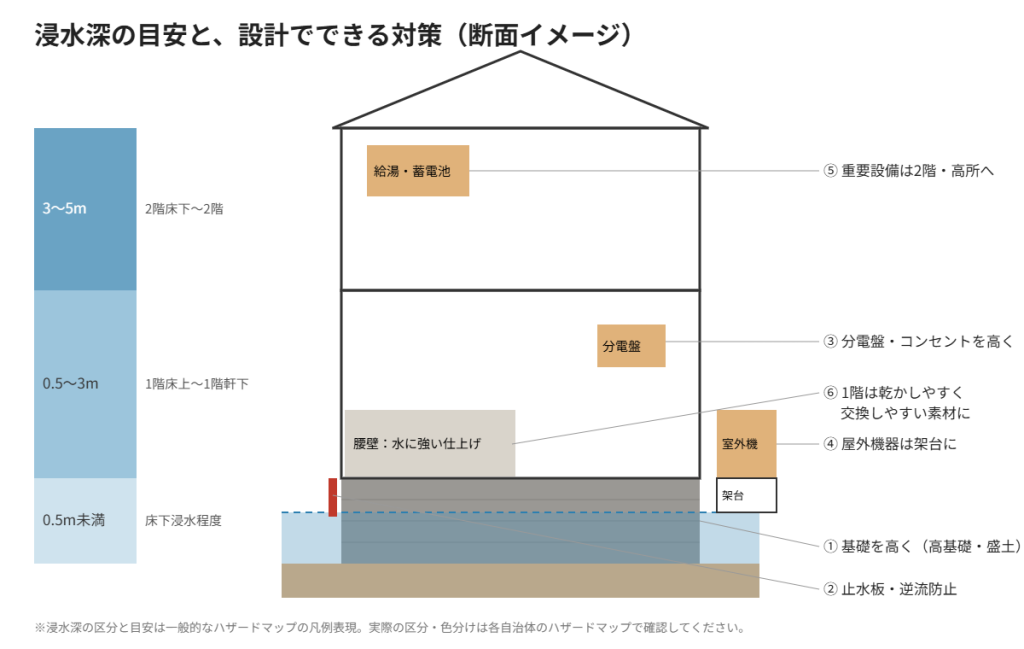 浸水深の目安と、設計でできる対策の断面イメージ