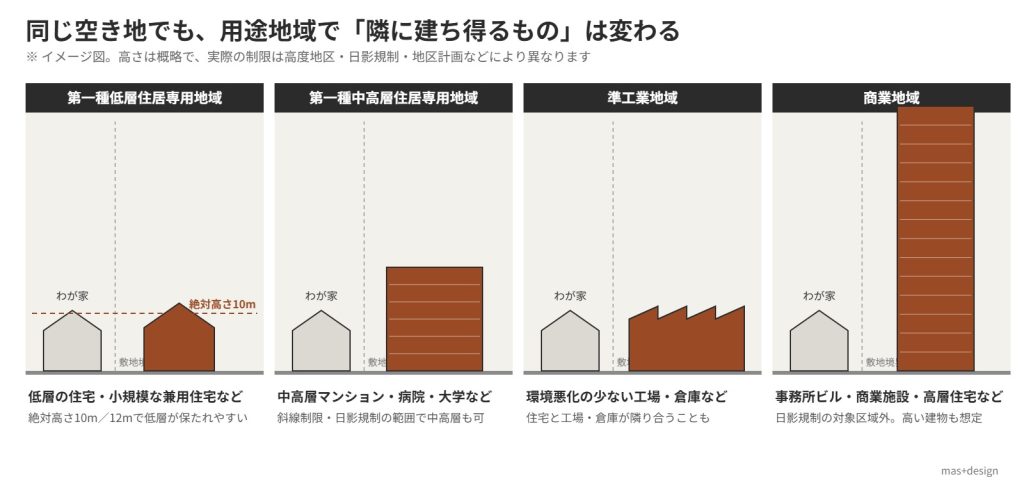 同じ空き地でも用途地域で隣に建ち得るものは変わる 図解